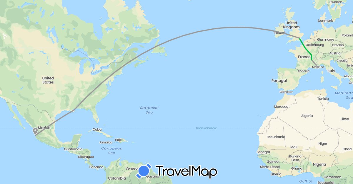 TravelMap itinerary: driving, bus, plane in France, United Kingdom, Mexico, United States (Europe, North America)